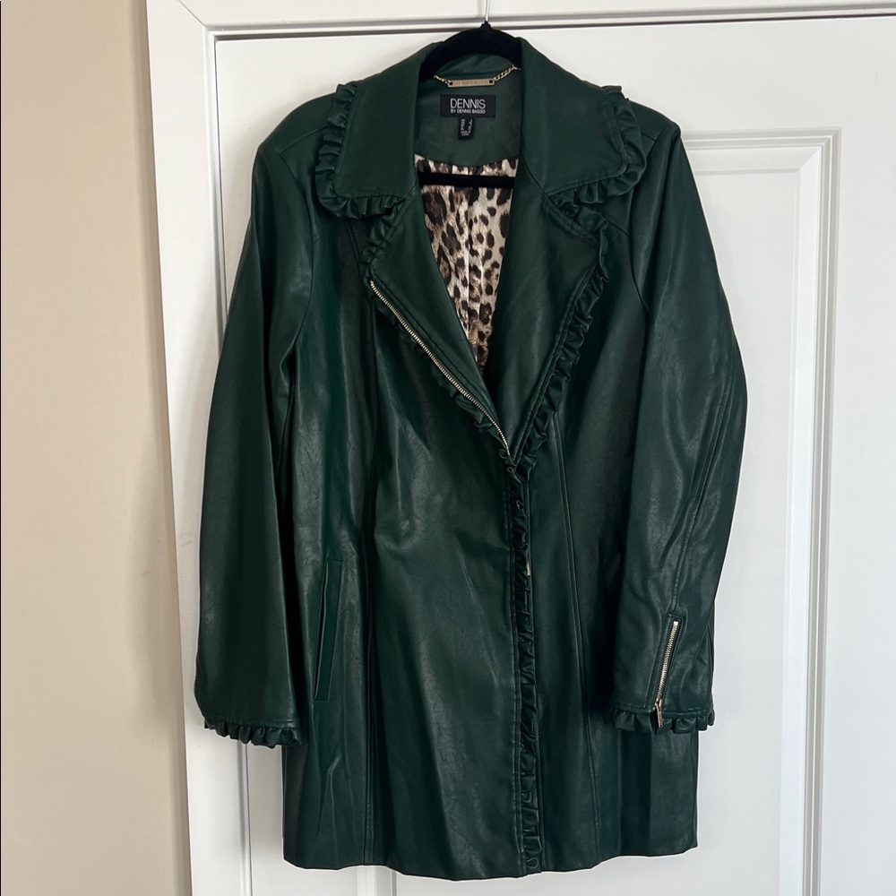 Dennis Basso Dark Green Faux Leather Jacket with Ruffle Detail
